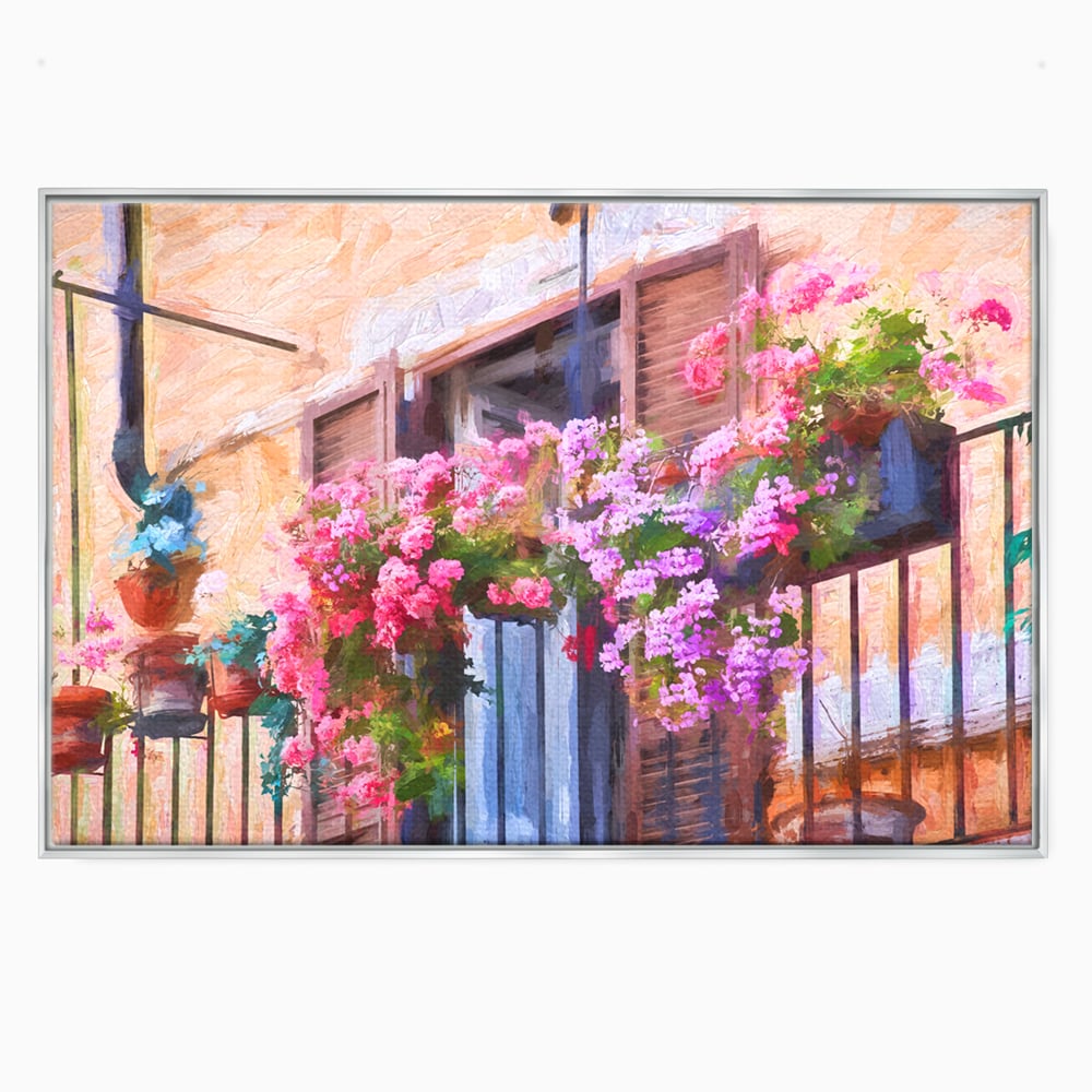 Tablou canvas cu pictura cu balcon plin de flori roz, in rama de aluminiu argintiu